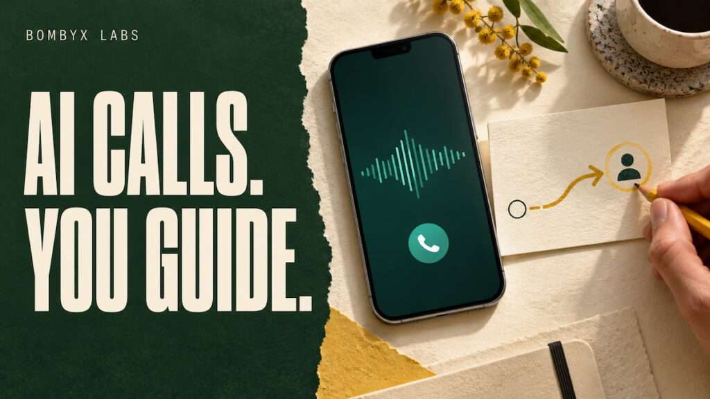 A phone showing a call waveform beside a handwritten guidance card and a hand holding a pencil.