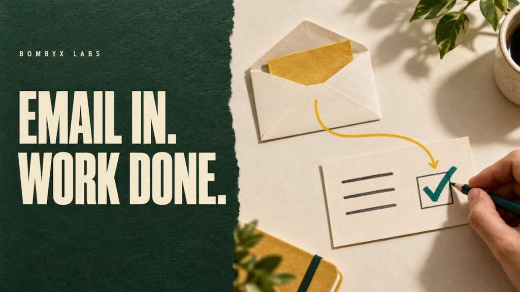 An envelope connects by a yellow arrow to a task card as a hand draws a teal checkmark.